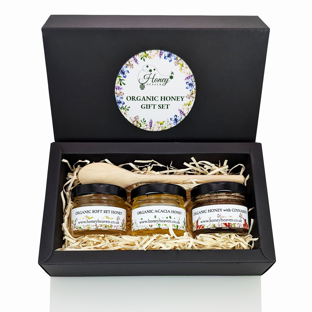 Organic Mini Honey Gift Set of 3 with Wooden Serving Spoon 40g jars