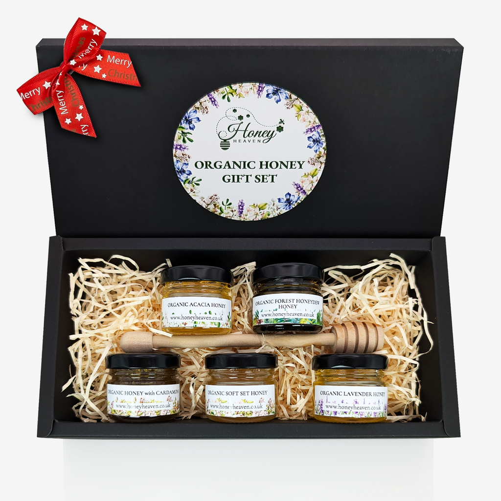 Organic Honey Gift Set of 5 40g mini jars with wooden drizzler